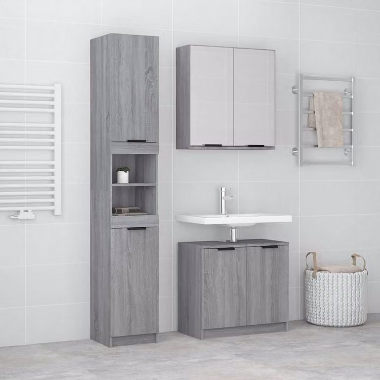 Set di mobili da bagno moderni vidaXL in legno MDF grigio opaco composto da 3 pezzi con mobile lavabo e armadietto con specchio