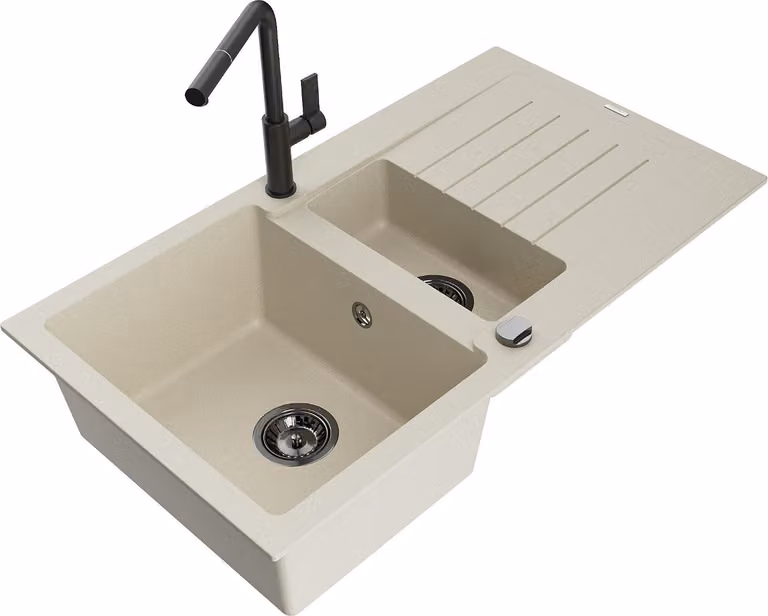 Mexen Matias lavello in granito 1,5 vasche con gocciolatoio e rubinetto da cucina Flora, beige - 6502-69-670401-70-B
