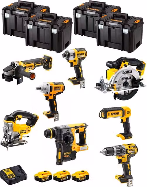 Kit utensili DeWALT DWK800T con avvitatore, trapano, smerigliatrice, seghetto e batterie ricaricabili da 5,0 Ah in giallo