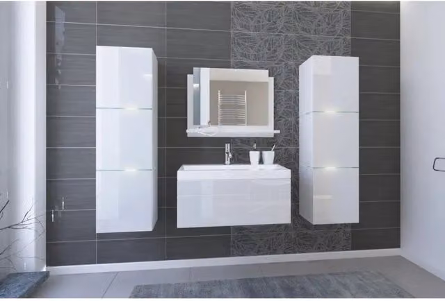 Set mobili da bagno bianchi, collezione OWL. 2 colonne, mobile sotto lavabo, lavabo