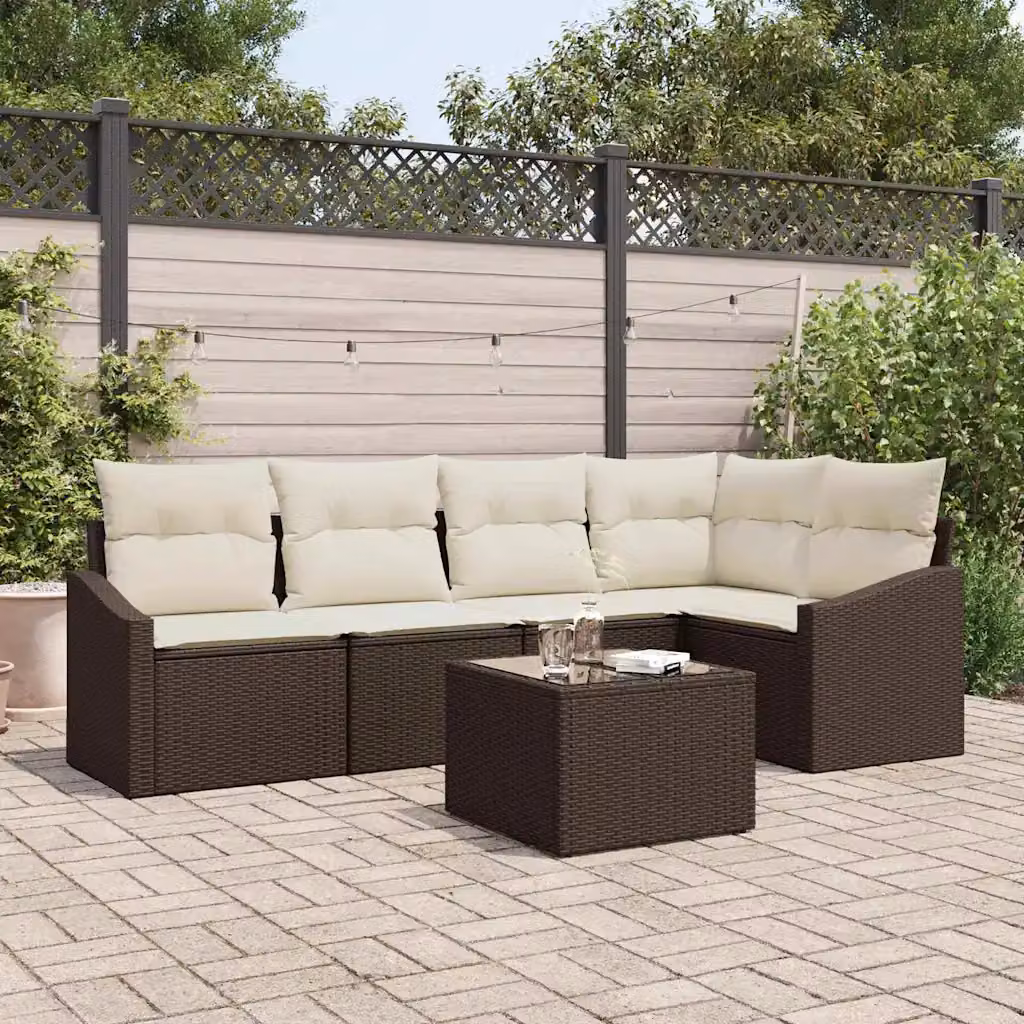 Set di divani da giardino vidaXL a forma di L in rattan marrone con cuscini beige e tavolino da esterno – 1