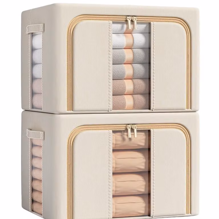 set di 2 scatole portaoggetti in tessuto Oxford, impermeabile, pieghevole, 100L, scomparti, per vestiti e guardaroba, con due finestre di visualizzazione, beige