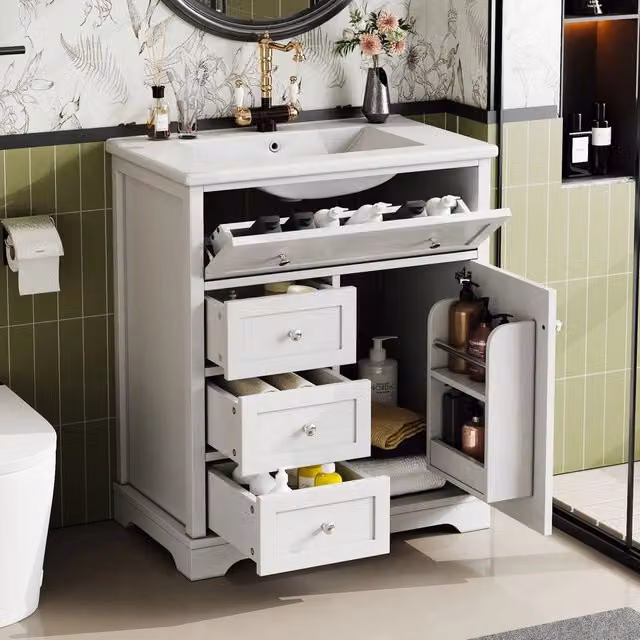 Mobile bagno con lavabo - Xylo - 76x46x87cm - Bianco - 3 cassetti chiusura morbida, ripiani porta, lavabo ceramica integrato