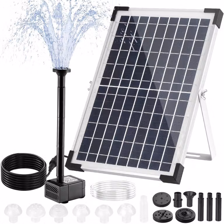Pompa solare per laghetti da 12W, con 9 ugelli e cavo da 3,25 metri, ideale per giardini e cascate