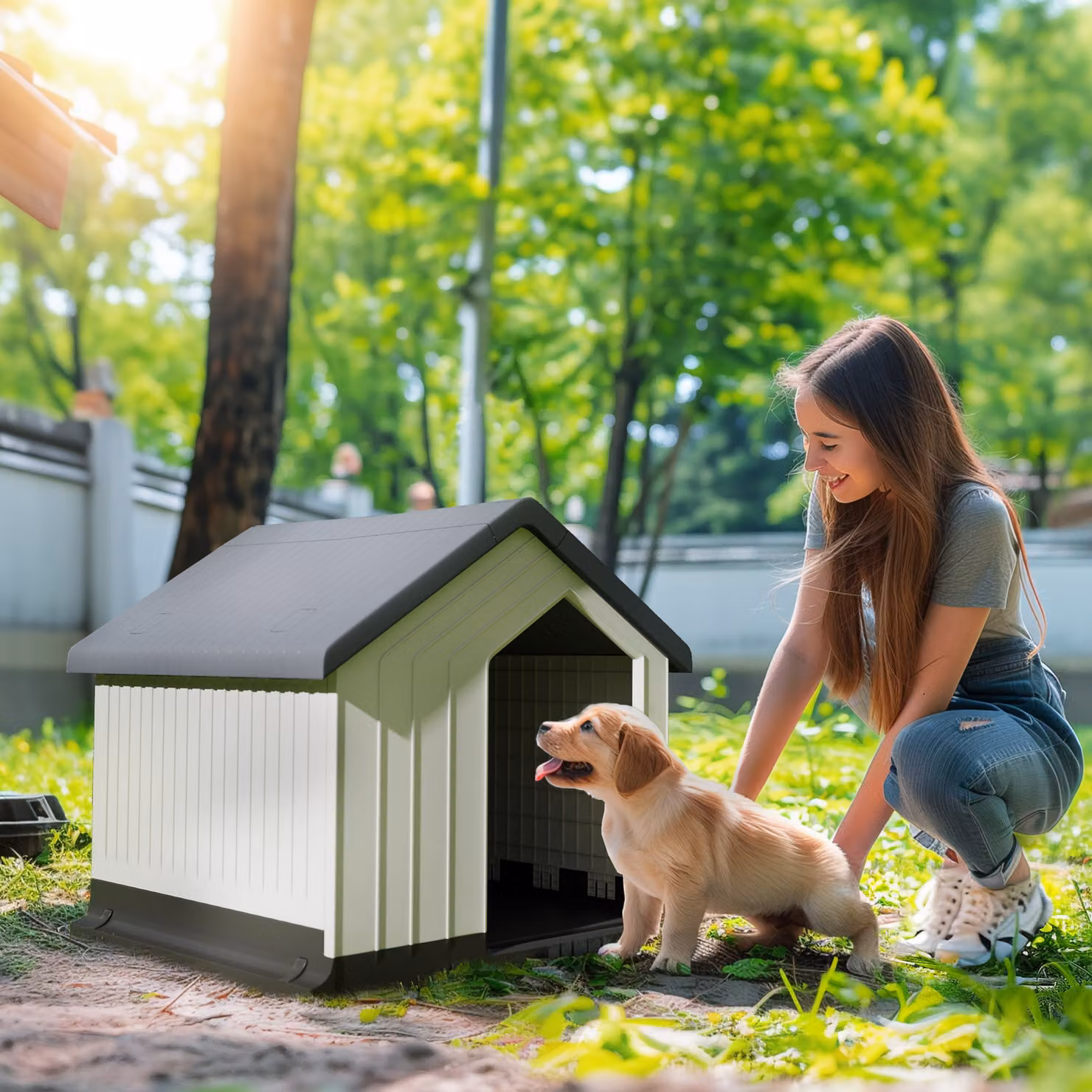 Casetta per cani piccoli e mini PawHut impermeabile in plastica con finestra, Grigio e Bianco, L: 62 cm, P: 61 cm, H: 60 cm – 2