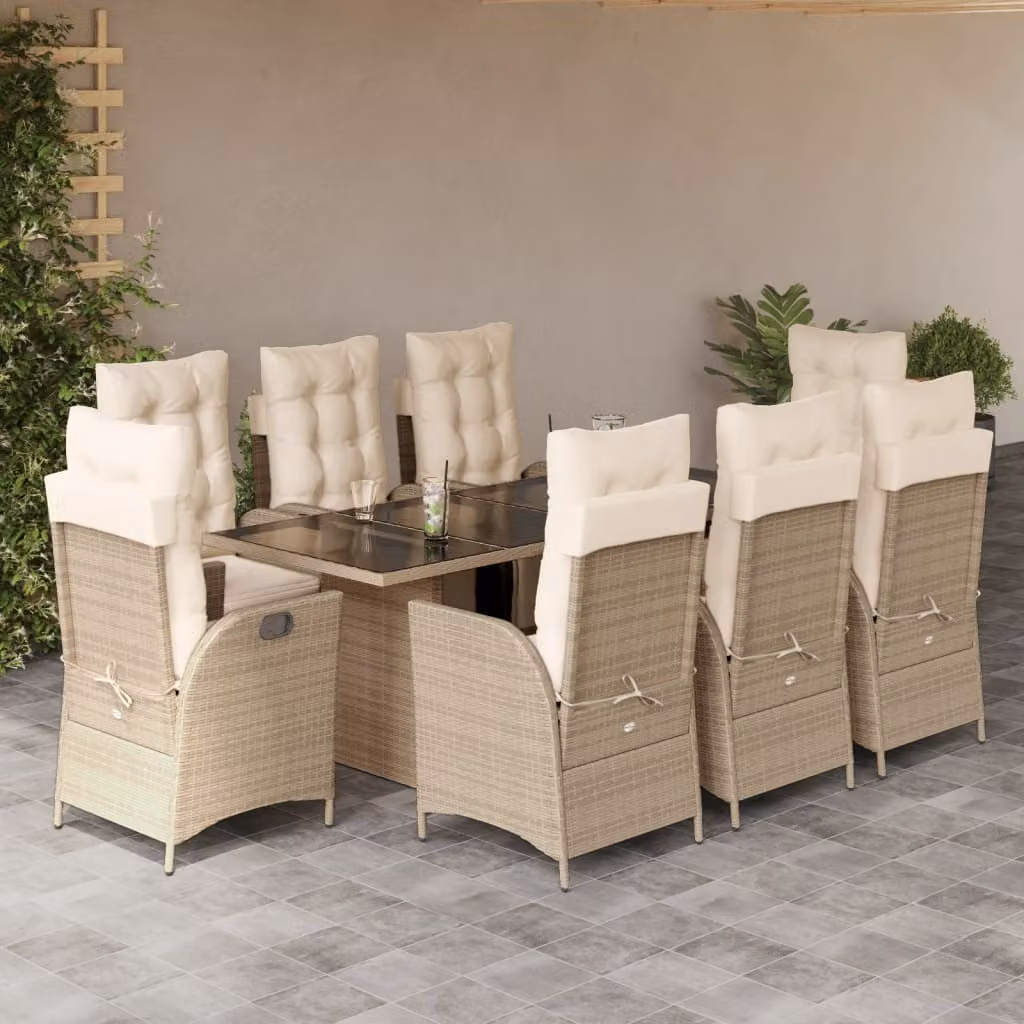 Set da Pranzo da Giardino 9 pz vidaXL in Polyrattan con Cuscini Beige e Piano in Vetro – 1