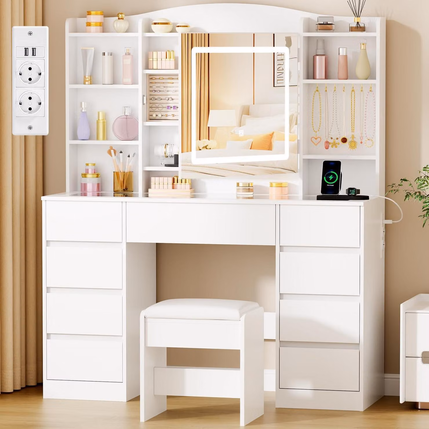 Comò da trucco con illuminazione a LED, specchio, sgabello, piano in vetro, prese di corrente, 9 cassetti, 7 ripiani, colore bianco