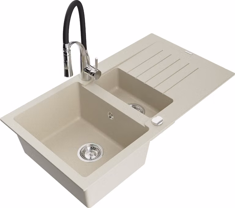 Mexen Matias lavello in granito 1,5 vasca con gocciolatoio e rubinetto da cucina Aster, beige - 6502-69-73450-07