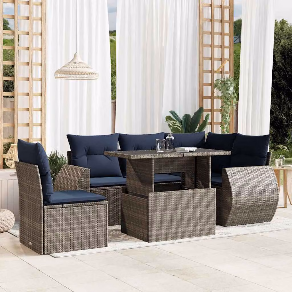 Set di divani da giardino vidaXL in polyrattan grigio con cuscini e tavolino da esterno a forma di L