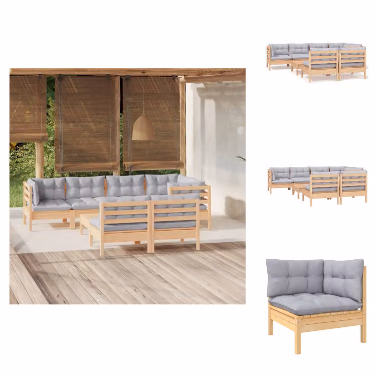 vidaXL Set di 8 pezzi da giardino con cuscini grigi in pino massiccio - Set di mobili da giardino