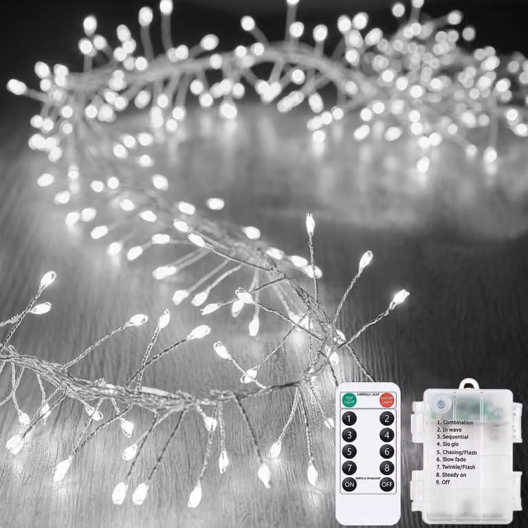 Catena luminosa con 200 LED, filo argentato, alimentata a batteria, con telecomando