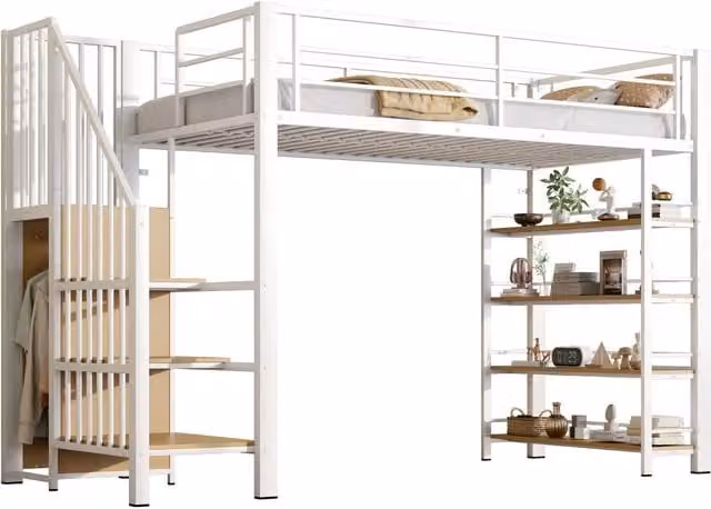 Letto a soppalco 90x200 cm con scala contenitore e armadio; bianco
