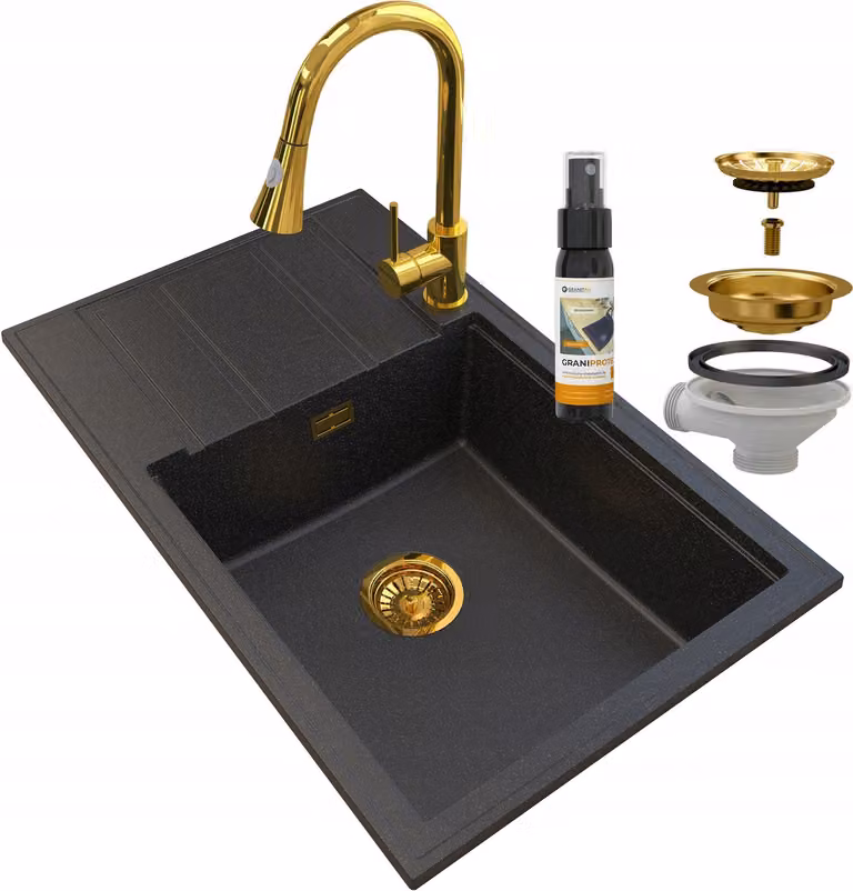 Granitan - Lavello in granito - Lavello da cucina - Nero-oro - con accessori - Lavello - LOUIS GOLD