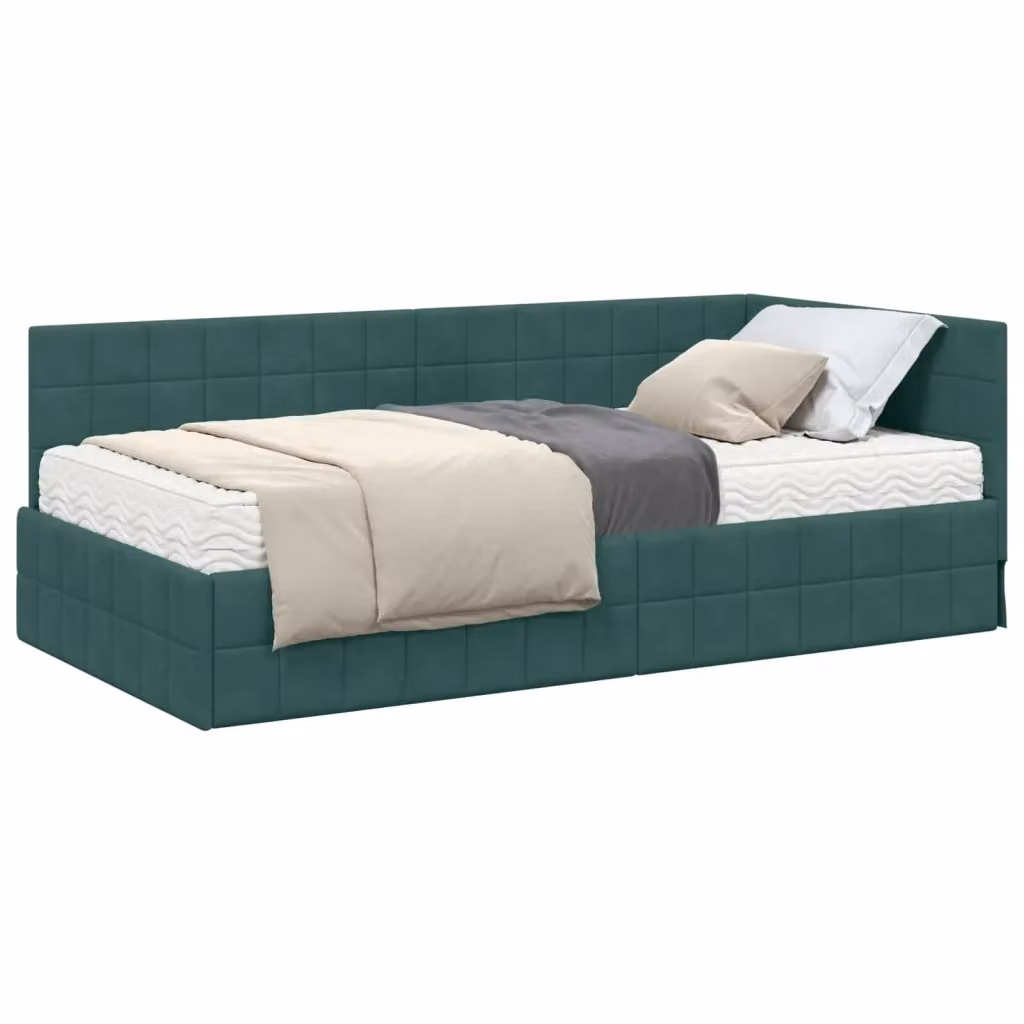 Letto Angolare Moderno vidaXL con 2 Materassi in Schiuma, Rivestimento in Velluto Verde, L/P: 90 x 190 cm – 2