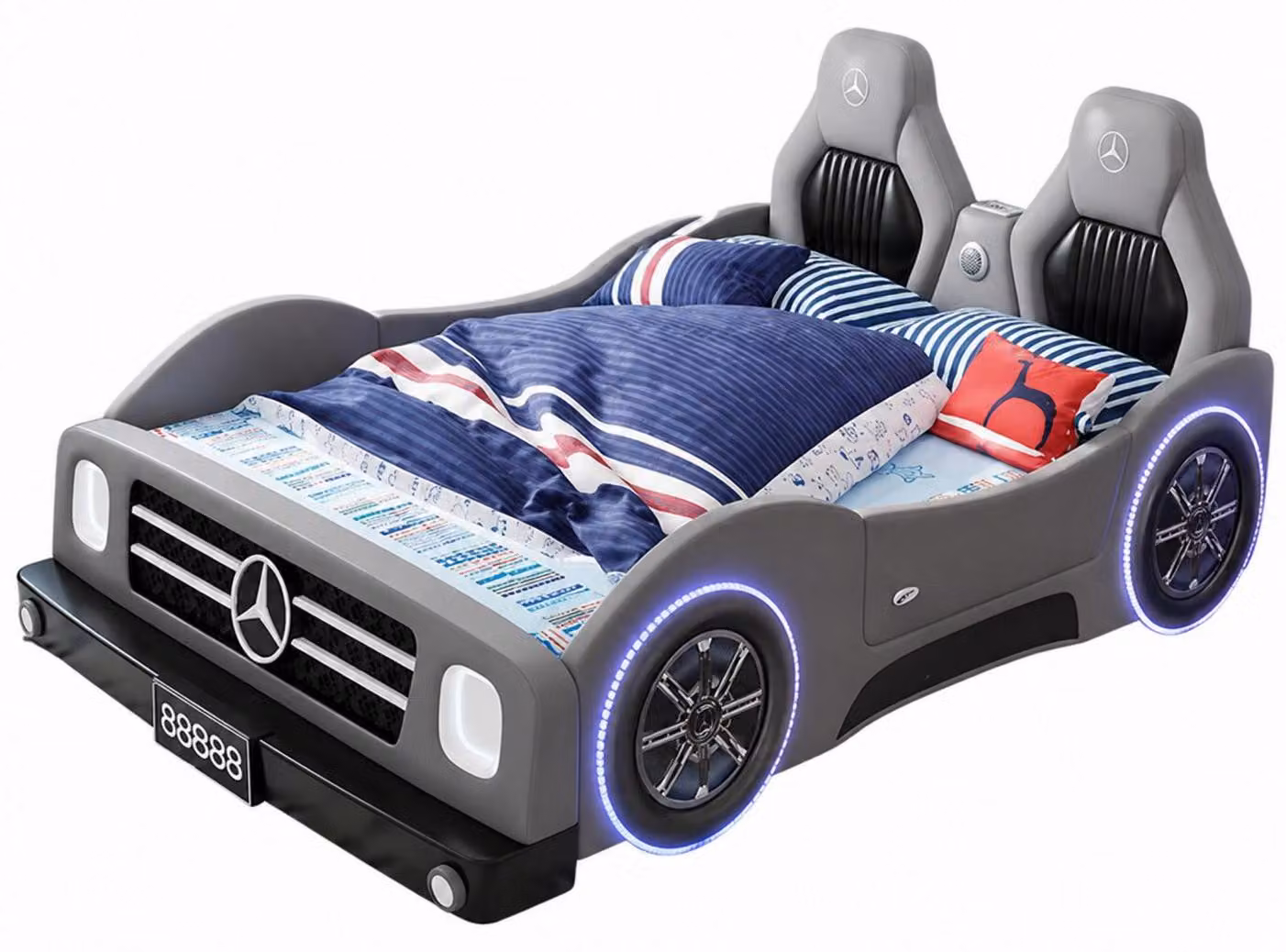 Letto a forma di auto, grigio, per bambini. Include luci LED controllabili tramite Bluetooth