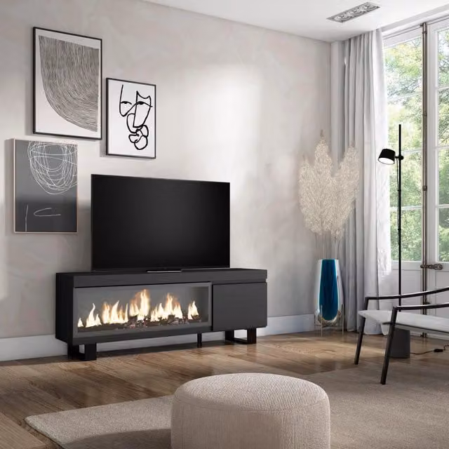 Mobile TV Soggiorno, 158x35x57cm, Per TV fino a 65", Camino elettrico XXL, Design industriale, Nero RF3245