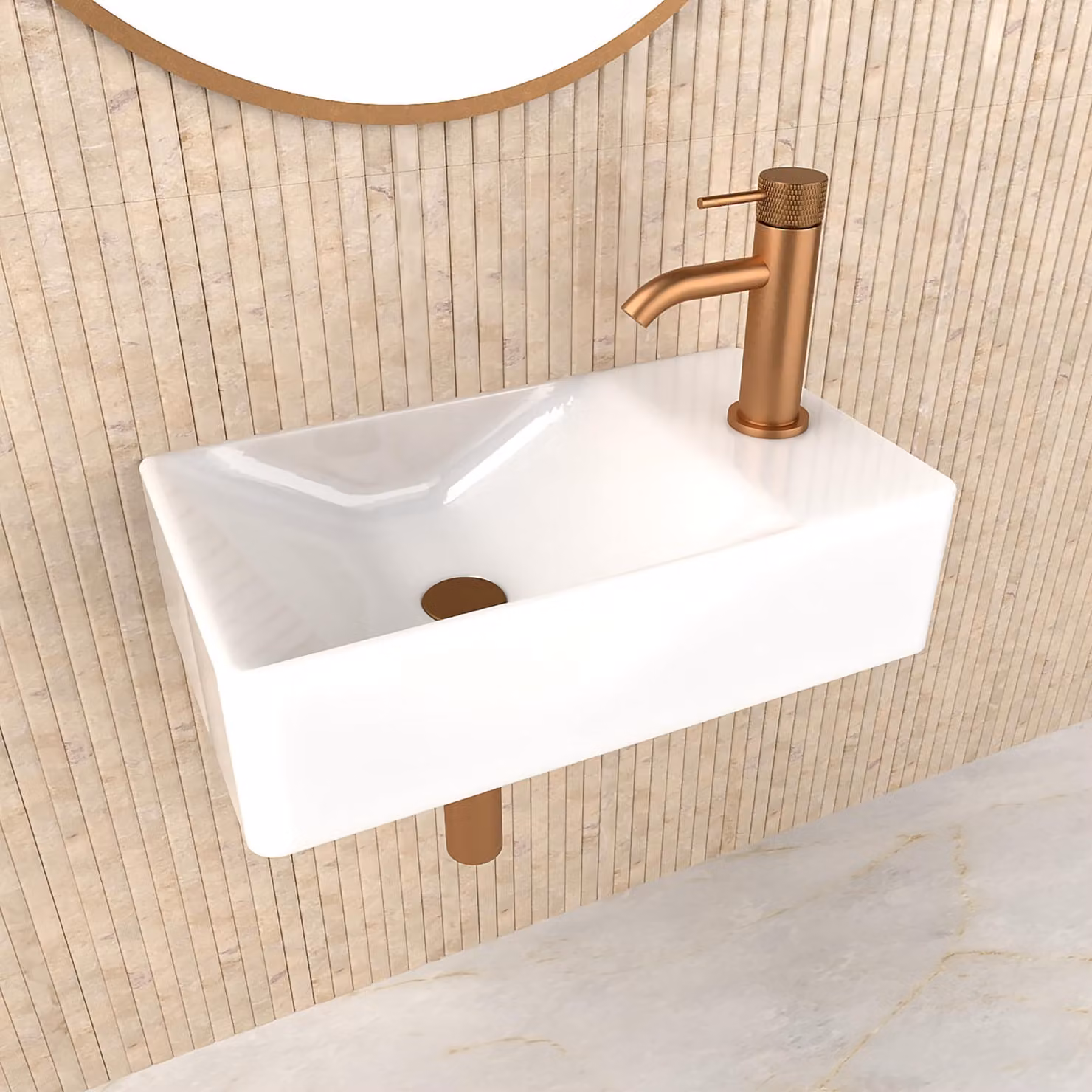 Lavabo da appoggio in Vetroceramica rettangolare, 38x22 cm, con la parte inferiore del lavabo posizionata a sinistra, dotato di piletta di scarico, ideale per piccoli bagni