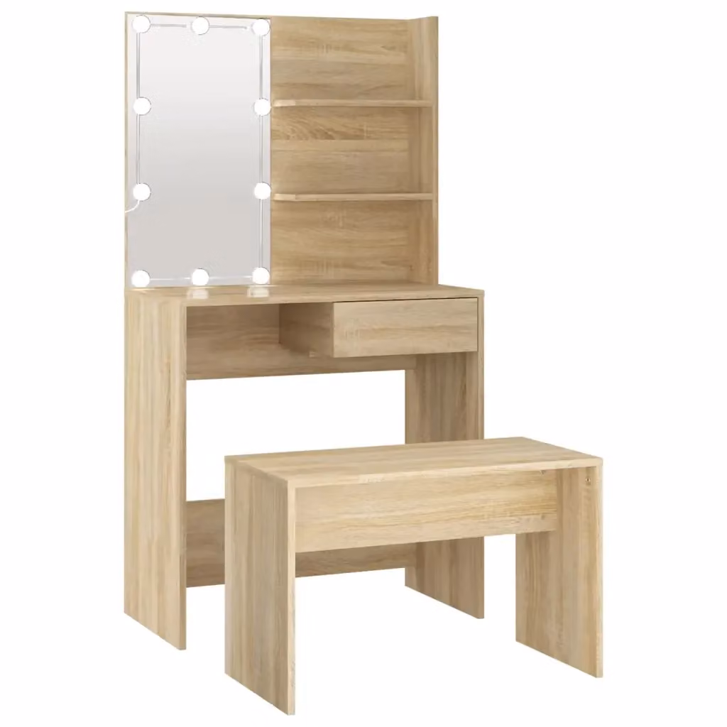 Set Tavolo da Toeletta con LED vidaXL in Rovere e Beige L: 141 cm, P: 40 cm, H: 74,5 cm – 2