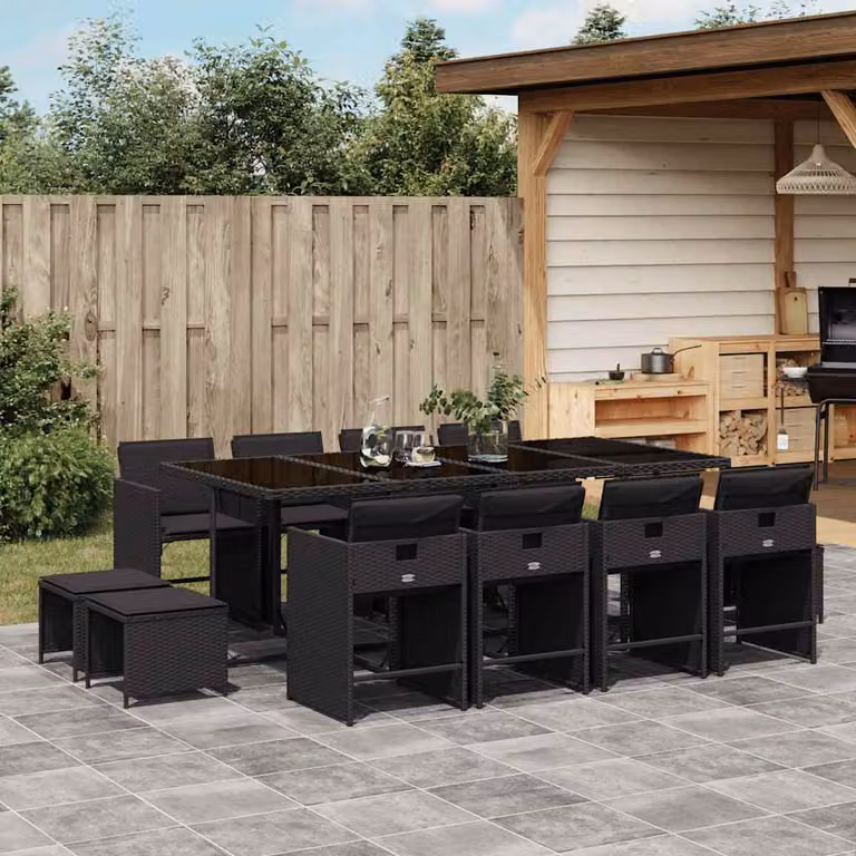 vidaXL Set da Pranzo da Giardino 13pz in Polyrattan Nero con Cuscini e Tavolo in Vetro