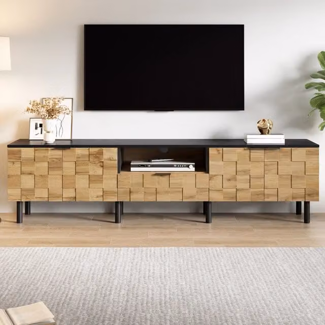 Mobile Porta TV Mosaico Minimal in Legno e Metallo, Marrone e Nero, L: 170 cm, P: 35 cm, H: 44,5 cm