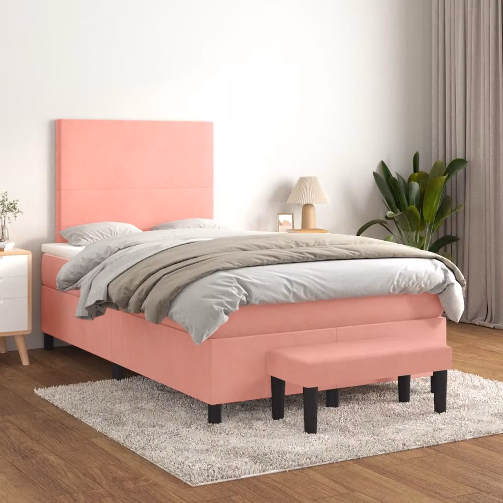vidaXL Giroletto a Molle con Materasso Ibrido in Velluto Rosa e Bianco L/P/H: 120 x 200 cm – 1