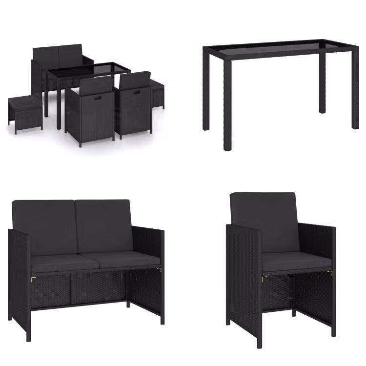 vidaXL Set da pranzo da giardino 6 pezzi con cuscini in poly rattan nero - Set di mobili da giardino - Set di mobili da giardino - Tavolo e sedie da giardino - Tavoli e sedie da giardino