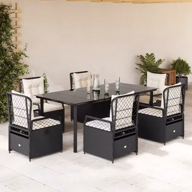 Set da Pranzo da Giardino 7 pz Nero con Cuscini in Polyrattan 3262969