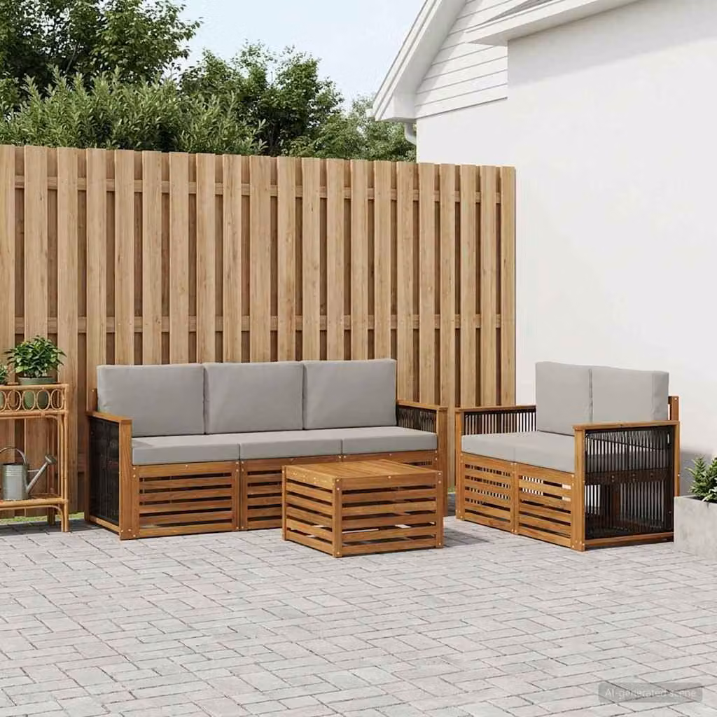Set di divani da esterno a L vidaXL in legno di acacia con tavolo da caffè, 6 pezzi, beige e grigio