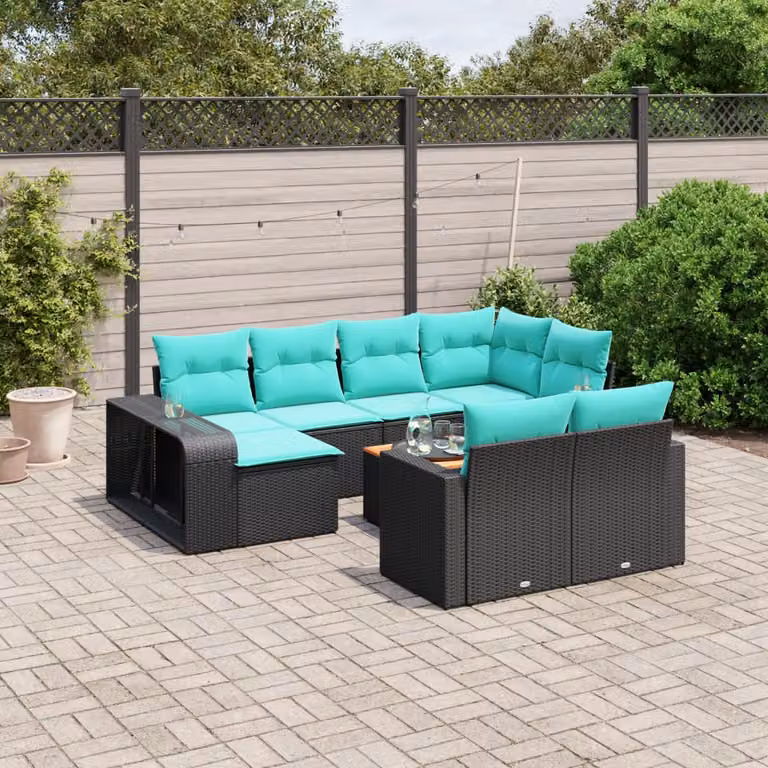 Set di divani da giardino vidaXL 11 pz in polyrattan con cuscini e tavolino da esterno a forma di U, colore nero e blu turchese