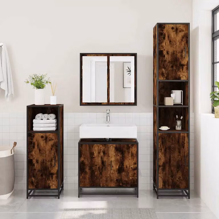 Mobile Lavabo da Bagno vidaXL in Rovere Fumo e Legno Multistrato, L/P/H: 65 x 33 x 60 cm