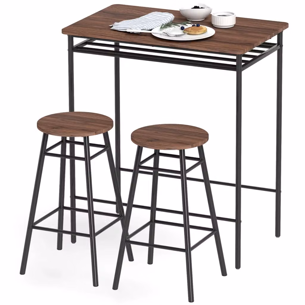 Set da cucina Minimal con tavolo quadrato e 2 sgabelli in metallo e MDF, nero e marrone, L/P/H: 90 x 90 x 90 cm – 2