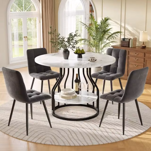Set tavolo da pranzo e sedie con 1 tavolo rotondo e 4 sedie, piedi regolabili, in MDF, velluto e metallo nero e grigio