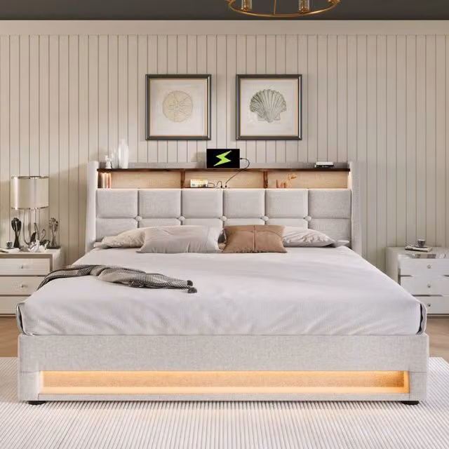 Letto imbottito 160x200 con LED; USB e contenitore; struttura in lino beige chiaro