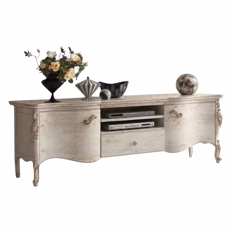 Porta TV Mobili 2G in legno bianco con 2 porte e 1 cassetto, stile classico, L: 182 cm, P: 52 cm, H: 64 cm