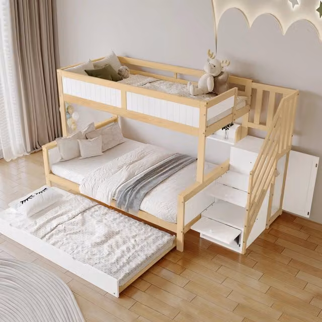 Letto a castello a 3 posti 90 × 200 cm, 120 × 200 cm e 90 × 190 cm, estraibile e armadio, senza materasso