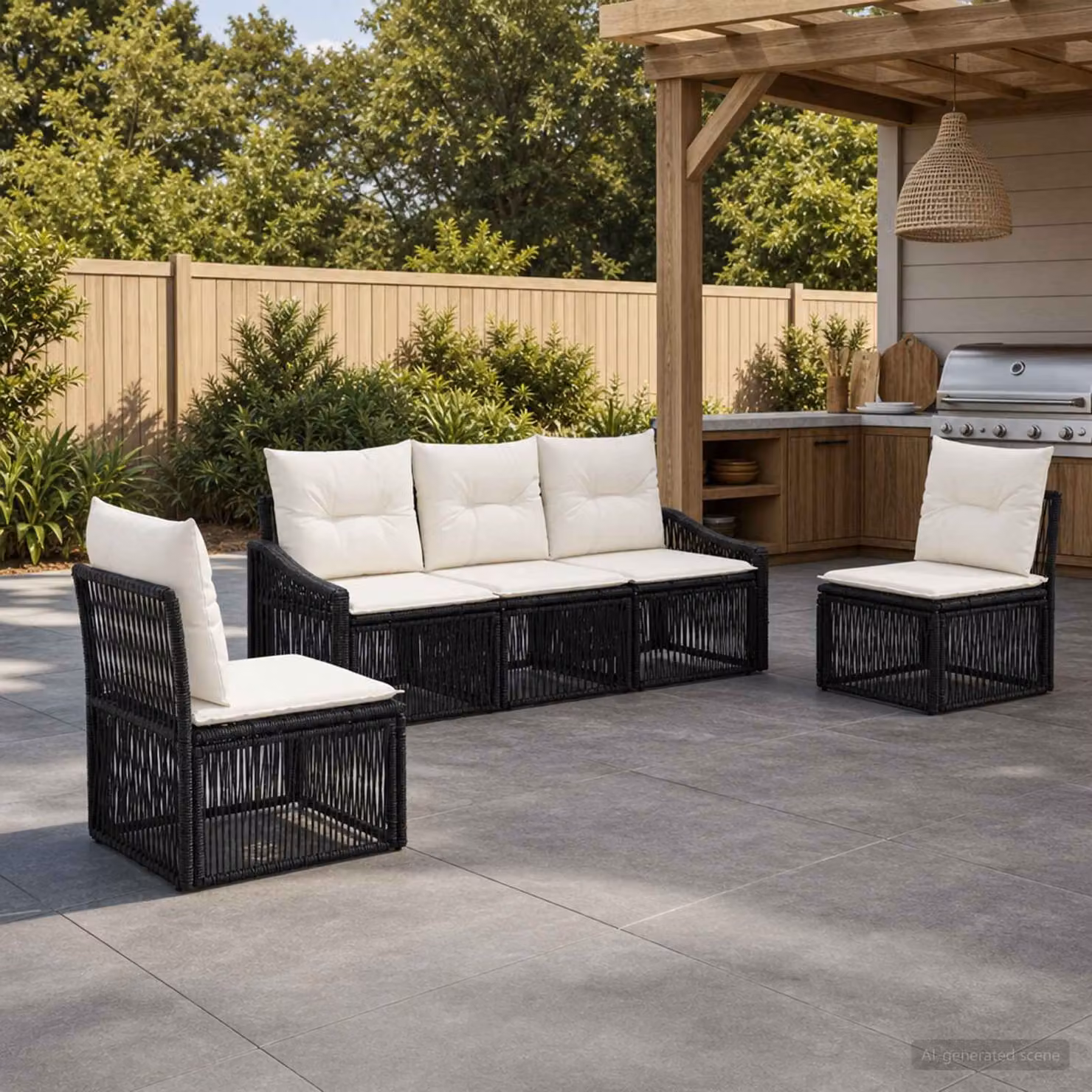 Set Divano da Giardino vidaXL 5 Pezzi in Polyrattan Nero con Cuscini e Struttura in Acciaio Verniciato a Polvere