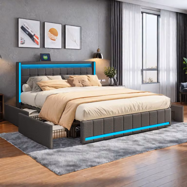 Letto imbottito Fortuna Lai letto matrimoniale 140x190 con testata a LED e porta USB, letto contenitore con 4 cassetti, rete con doghe e giroletto, lino, grigio