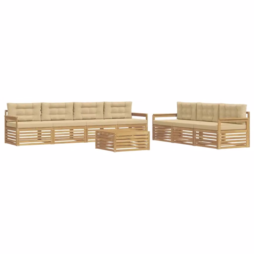 Set di mobili da esterno vidaXL composto da divano a 3 posti, poltrone e tavolino da caffè in legno di acacia con cuscini bianchi e beige – 2