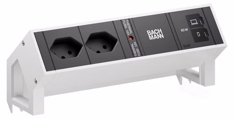BACHMANN DESK2 2xCH 90° 1xUSB C/C 65W, L=0,2 m RAL9010
