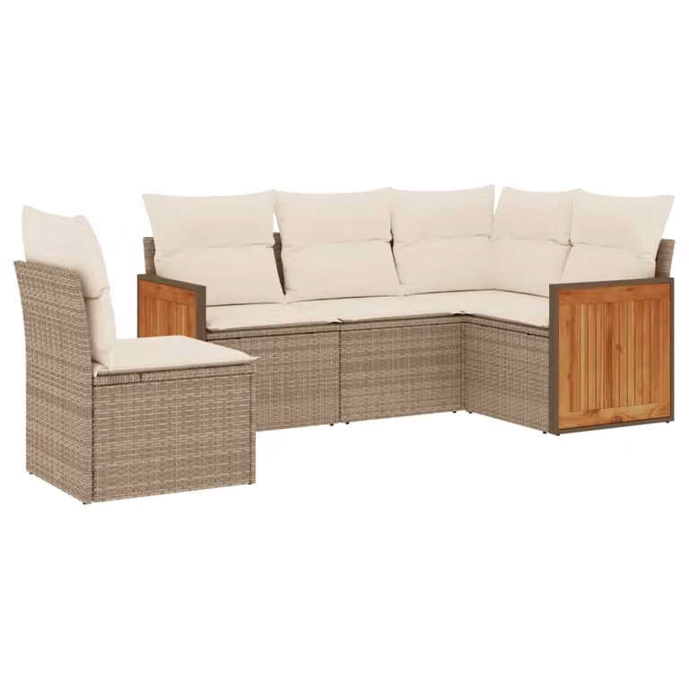 Set Divano da Giardino 5 pz con Cuscini Beige in Polyrattan