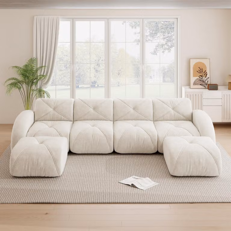 Divano modulare a forma di U, con 4 posti, senza struttura, color beige chiaro, in tessuto chenille, completo di 2 poggiapiedi, design antiscivolo, non richiede montaggio