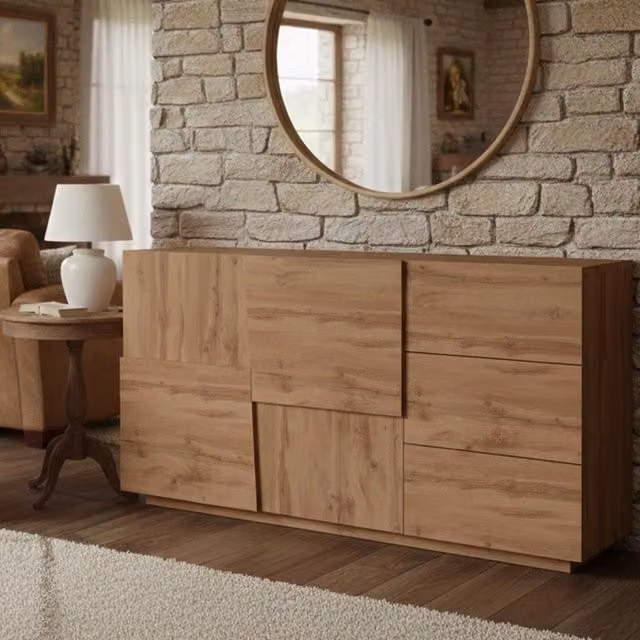 Credenza Avelignese, Buffet da soggiorno, Madia da salotto con 2 ante e 3 cassetti, 180x44h86 cm, Rovere