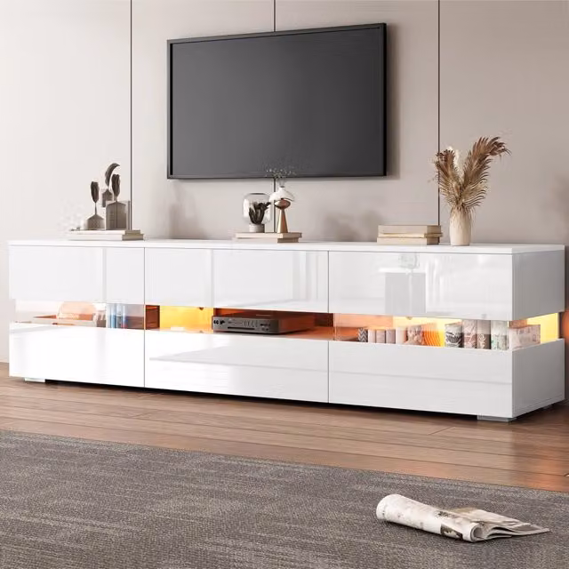Mobile TV moderno bianco lucido 160x39x45 cm, LED, 2 ante, 1 cassetto, vano aperto, inserto vetro acrilico, apertura push. Per TV fino a 70