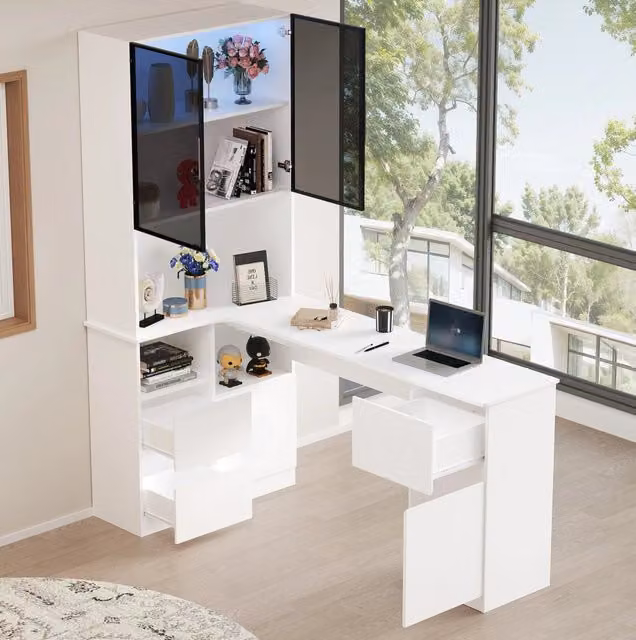Scrivania angolare con libreria, vetrina LED e vano animali