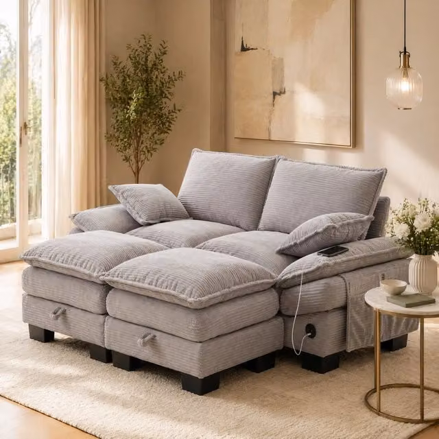 Divano angolare MIVRAY in velluto a coste grigio con pouf coordinato e ricarica USB