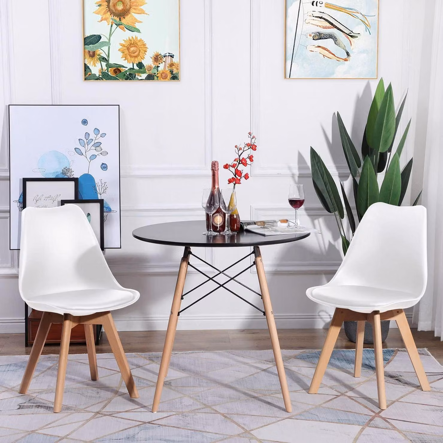 Set tavolo da pranzo rotondo con 2 sedie, colore nero e bianco, materiale MDF, dimensioni 80x80x75 cm