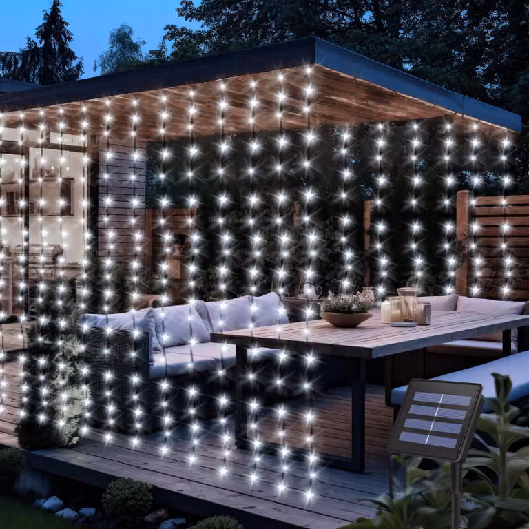 Tende luminose solari, dimensioni 2x2 metri, 200 LED, 8 modalità, grado di protezione IP65, luce bianca fredda