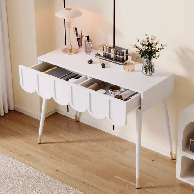 Tavolo Toeletta Minimal con 2 Cassetti e Gambe in Metallo Bianco L/P/H: 100 x 40 x 76 cm