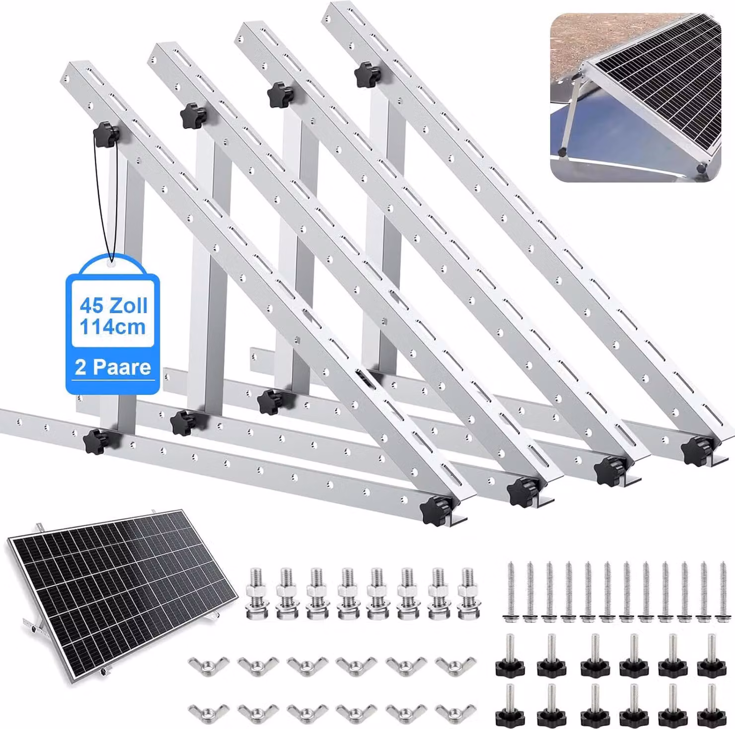 Supporto per pannelli fotovoltaici 4X, 114 cm, sistema di montaggio per pannelli solari per impianti fotovoltaici da balcone, struttura regolabile da 0° a 90° per tetti piani