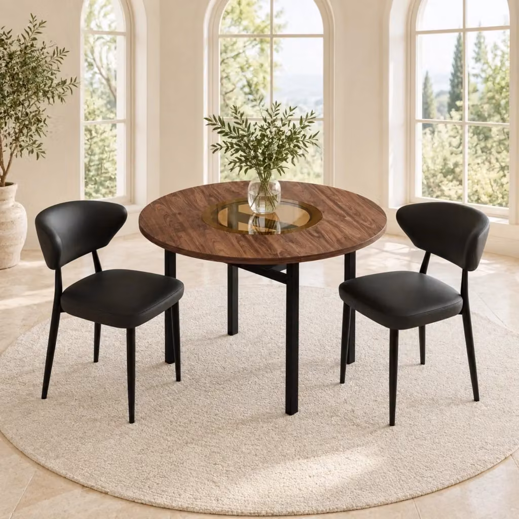 Set da pranzo Mivray con tavolo rotondo in MDF e vetro e 2 sedie in PU marrone e nero